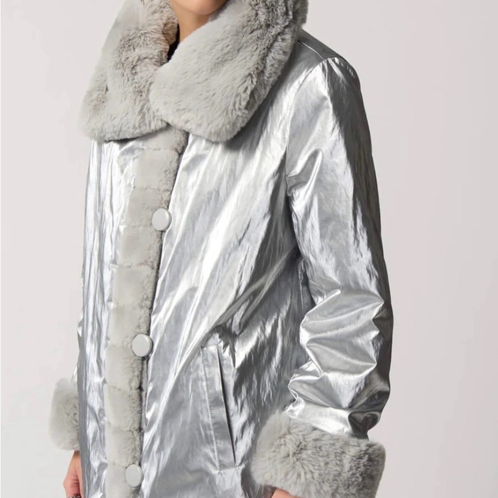 Joseph Ribkoff Silver Faux Fur Reversible Coat - Picture 6 of 15